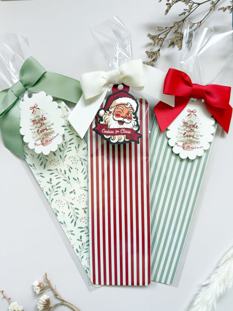 Christmas cookie packaging with boxes backers stickers bows and tags