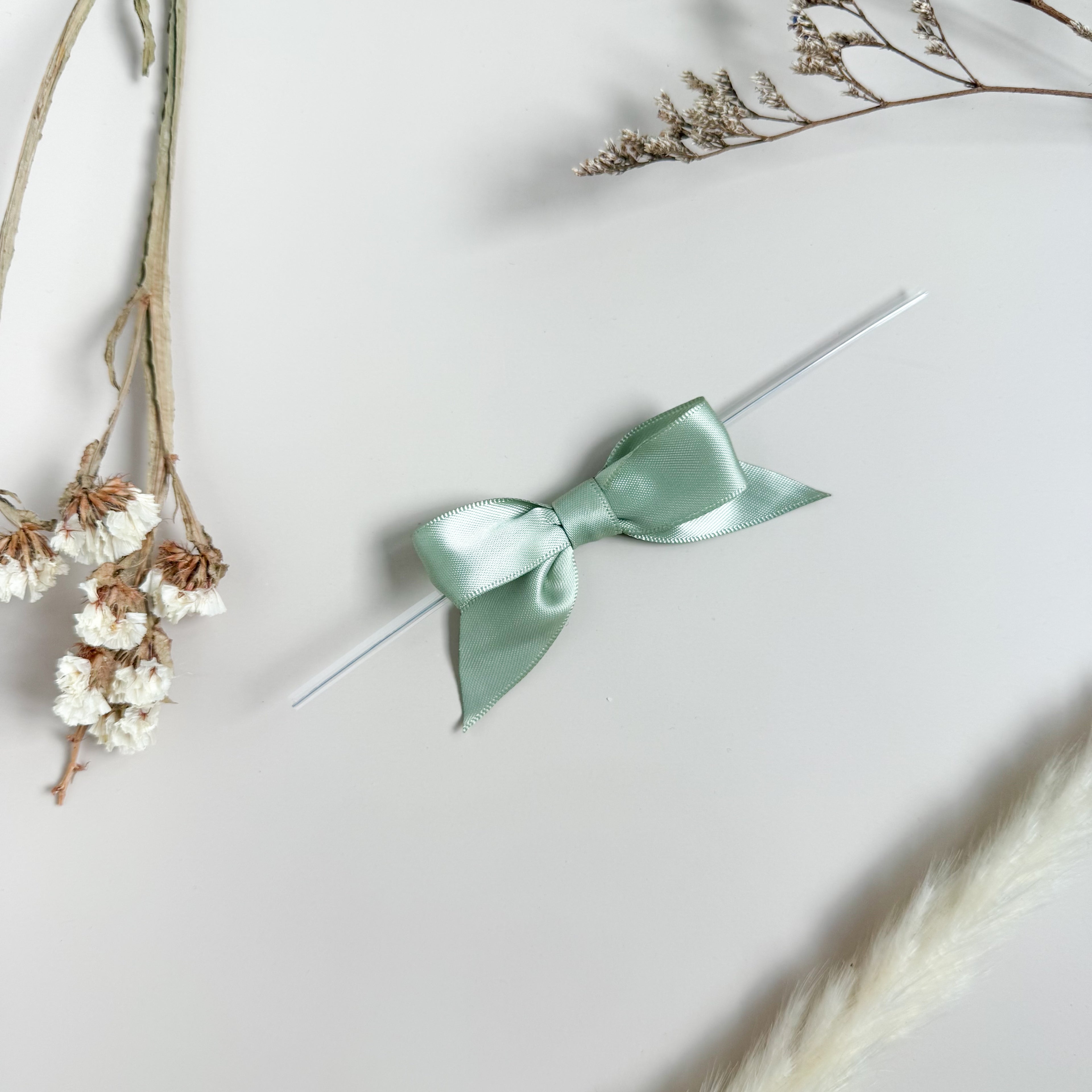 Petite Sage Green Satin Pre-tied Bows (25 pack)
