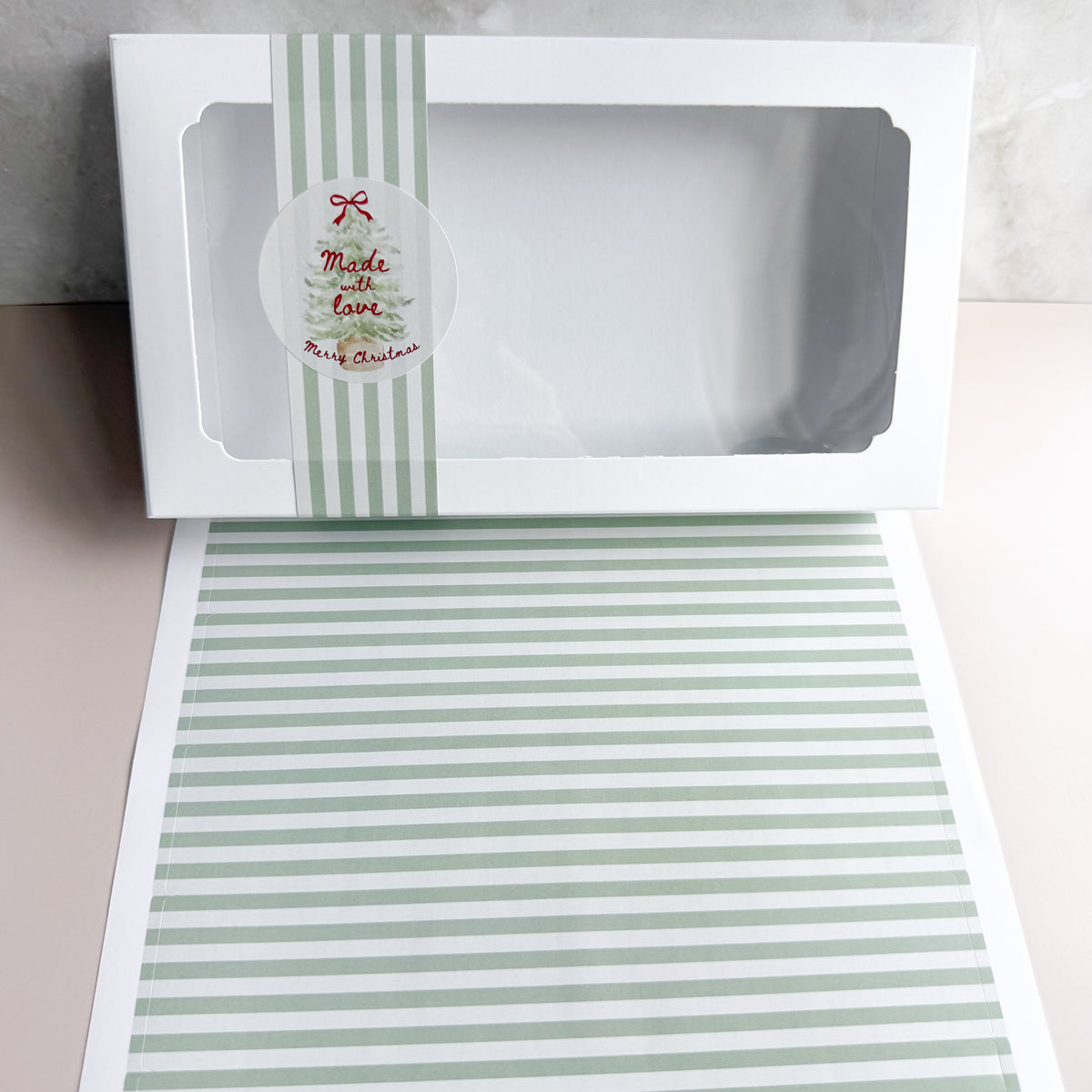Sage Stripe long wrap stickers for cookie boxes and bakery packaging